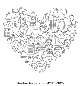 Vector pattern with school icons with little students. Children study chemistry, creativity, mathematics, physics, algebra, geometry, biology, geography, astronomy.