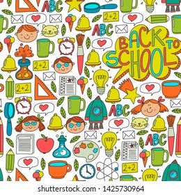 Vector pattern with school icons with little students. Children study chemistry, creativity, mathematics, physics, algebra, geometry, biology, geography, astronomy.