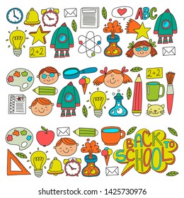 Vector pattern with school icons with little students. Children study chemistry, creativity, mathematics, physics, algebra, geometry, biology, geography, astronomy.
