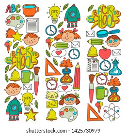 Vector pattern with school icons with little students. Children study chemistry, creativity, mathematics, physics, algebra, geometry, biology, geography, astronomy.