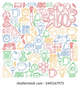 Vector pattern with school icons with little students. Children study chemistry, creativity, mathematics, physics, algebra, geometry, biology, geography, astronomy.