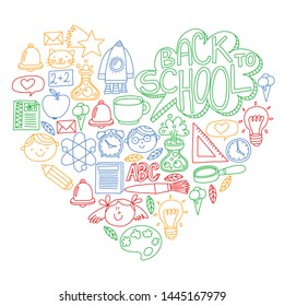 Vector pattern with school icons with little students. Children study chemistry, creativity, mathematics, physics, algebra, geometry, biology, geography, astronomy.