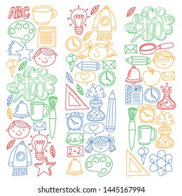 Vector pattern with school icons with little students. Children study chemistry, creativity, mathematics, physics, algebra, geometry, biology, geography, astronomy.