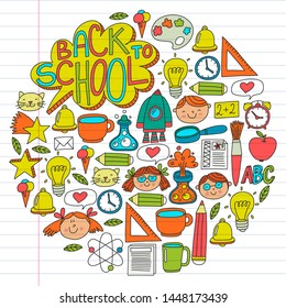 Vector pattern with school icons with little students. Children study chemistry, creativity, mathematics, physics, algebra, geometry, biology, geography, astronomy.