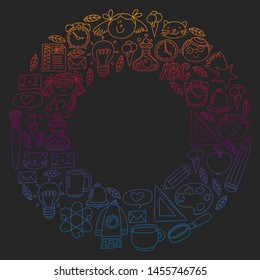 Vector pattern with school icons with little students. Children study chemistry, creativity, mathematics, physics, algebra, geometry, biology, geography, astronomy.