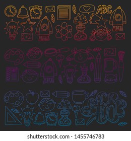 Vector pattern with school icons with little students. Children study chemistry, creativity, mathematics, physics, algebra, geometry, biology, geography, astronomy.