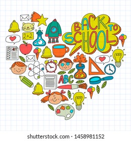 Vector pattern with school icons with little students. Children study chemistry, creativity, mathematics, physics, algebra, geometry, biology, geography, astronomy.