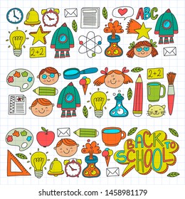 Vector pattern with school icons with little students. Children study chemistry, creativity, mathematics, physics, algebra, geometry, biology, geography, astronomy.