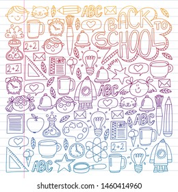 Vector pattern with school icons with little students. Children study chemistry, creativity, mathematics, physics, algebra, geometry, biology, geography, astronomy.