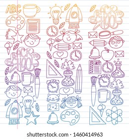 Vector pattern with school icons with little students. Children study chemistry, creativity, mathematics, physics, algebra, geometry, biology, geography, astronomy.