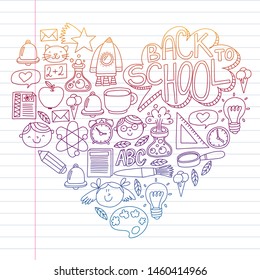Vector pattern with school icons with little students. Children study chemistry, creativity, mathematics, physics, algebra, geometry, biology, geography, astronomy.