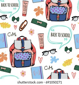 Vector pattern with school objects on white background.Girl pattern.