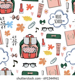 Vector pattern with school objects on white background.Girl pattern.