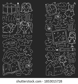 Vector pattern. School and online education. Little boys and girls play and grow together.