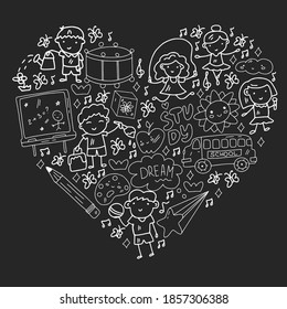 Vector pattern. School and online education. Little boys and girls play and grow together.