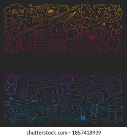 Vector pattern. School and online education. Little boys and girls play and grow together.