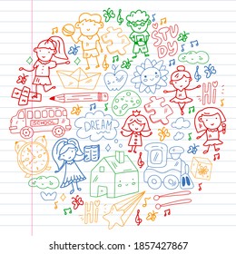 Vector pattern. School and online education. Little boys and girls play and grow together.