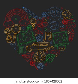 Vector pattern. School and online education. Little boys and girls play and grow together.