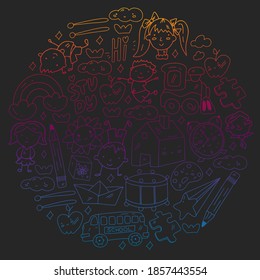 Vector pattern. School and online education. Little boys and girls play and grow together.