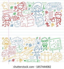 Vector pattern. School and online education. Little boys and girls play and grow together.