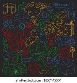 Vector pattern. School and online education. Little boys and girls play and grow together.