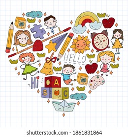 Vector pattern. School and online education. Little boys and girls play and grow together.