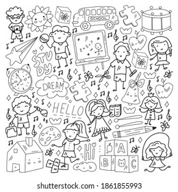 Vector pattern. School and online education. Little boys and girls play and grow together.