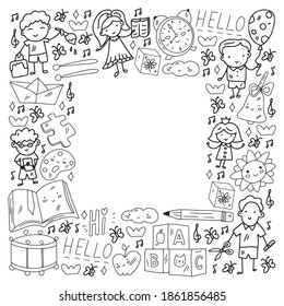 Vector pattern. School and online education. Little boys and girls play and grow together.