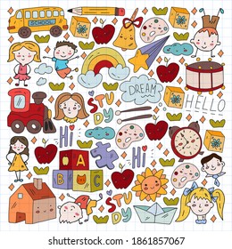 Vector pattern. School and online education. Little boys and girls play and grow together.