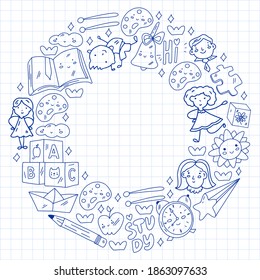 Vector pattern. School and online education. Little boys and girls play and grow together.