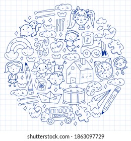Vector pattern. School and online education. Little boys and girls play and grow together.