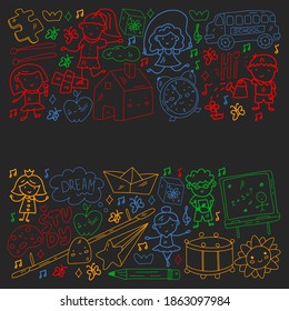 Vector pattern. School and online education. Little boys and girls play and grow together.