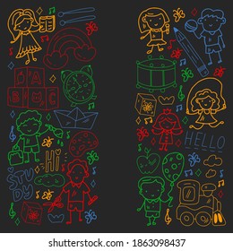 Vector pattern. School and online education. Little boys and girls play and grow together.
