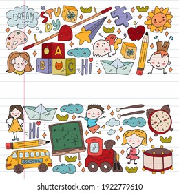 Vector pattern. School and online education. Little boys and girls play and grow together.