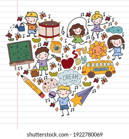 Vector pattern. School and online education. Little boys and girls play and grow together.