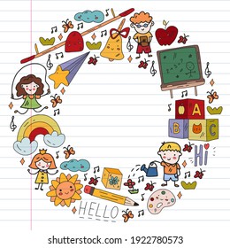Vector pattern. School and online education. Little boys and girls play and grow together.