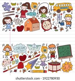 Vector pattern. School and online education. Little boys and girls play and grow together.