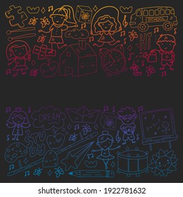 Vector pattern. School and online education. Little boys and girls play and grow together.