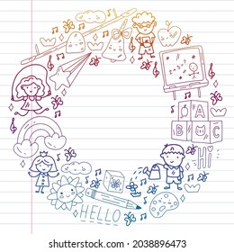 Vector pattern. School and online education. Little boys and girls play and grow together.