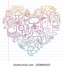 Vector pattern. School and online education. Little boys and girls play and grow together. Online education.