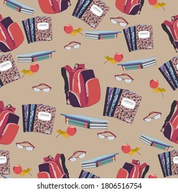 Vector pattern with school supplies. Ocher background. Textile composition, template for design print, fabric, wallpaper and box