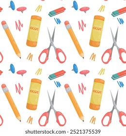 Vector pattern with scissors, glue, pencil, eraser and pushpins.
