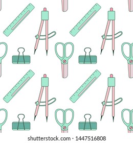 
vector pattern with scissors, pair of compasses, ruler, binder in pink and turquoise colors on a white background in cartoon style, illustration of stationery for the design of packaging, textile