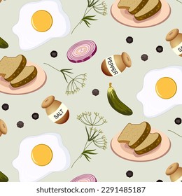 Vector pattern with scrambled eggs.Bread, scrambled eggs, dill, onion and pickle on a colored background in a vector pattern.