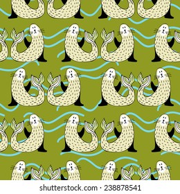 Vector pattern with sea calf. Hand drawn. Antarctic animals seamless pattern. Vector illustration. 