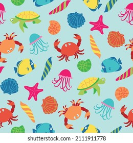 vector pattern of the sea for children, with inhabitants of the sea, shells. cute and bright