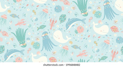 Vector pattern with sea creatures and seashells. An underwater world for kids. Pattern with cute and funny ocean inhabitants - octopus, sea horse, pufferfish, lobster, dolphin, whale,  jellyfish, crab