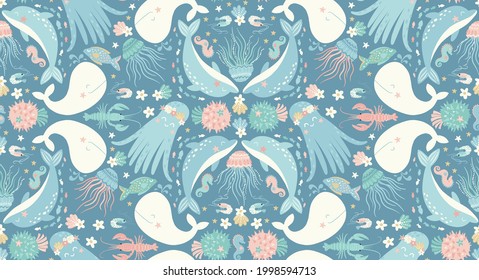 Vector pattern with sea creatures and seashells. An underwater world for kids. Pattern with cute and funny ocean inhabitants - octopus, sea horse, pufferfish, lobster, dolphin, whale,  jellyfish, crab