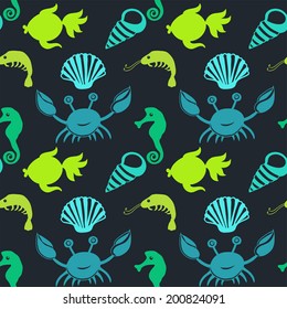 Vector pattern with sea live. Underwater life, wildlife ocean animals. Crab, shell, shrimp, fish, sea horse. 