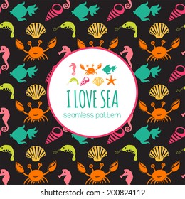 Vector pattern with sea live. Underwater life, wildlife ocean animals. Crab, shell, shrimp, fish, sea horse. 